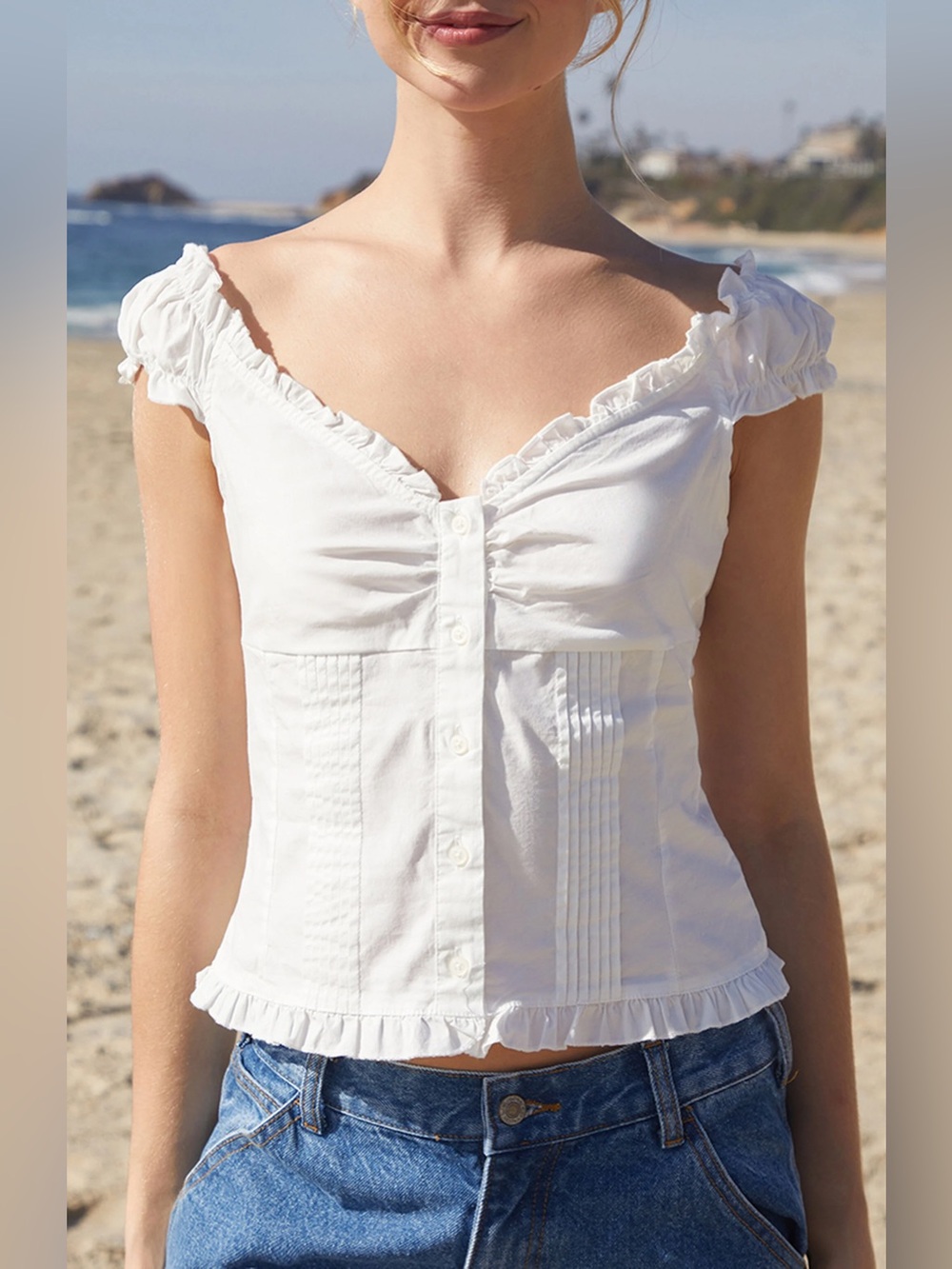 NEW!! Women’s John Galt White Tianna Ruffle-Trim Button Front Tank Top